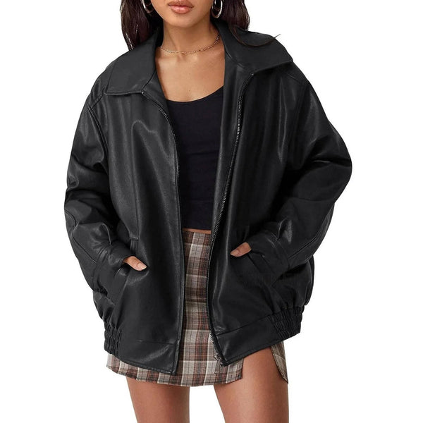 Womens Oversized Leather Bomber Jacket