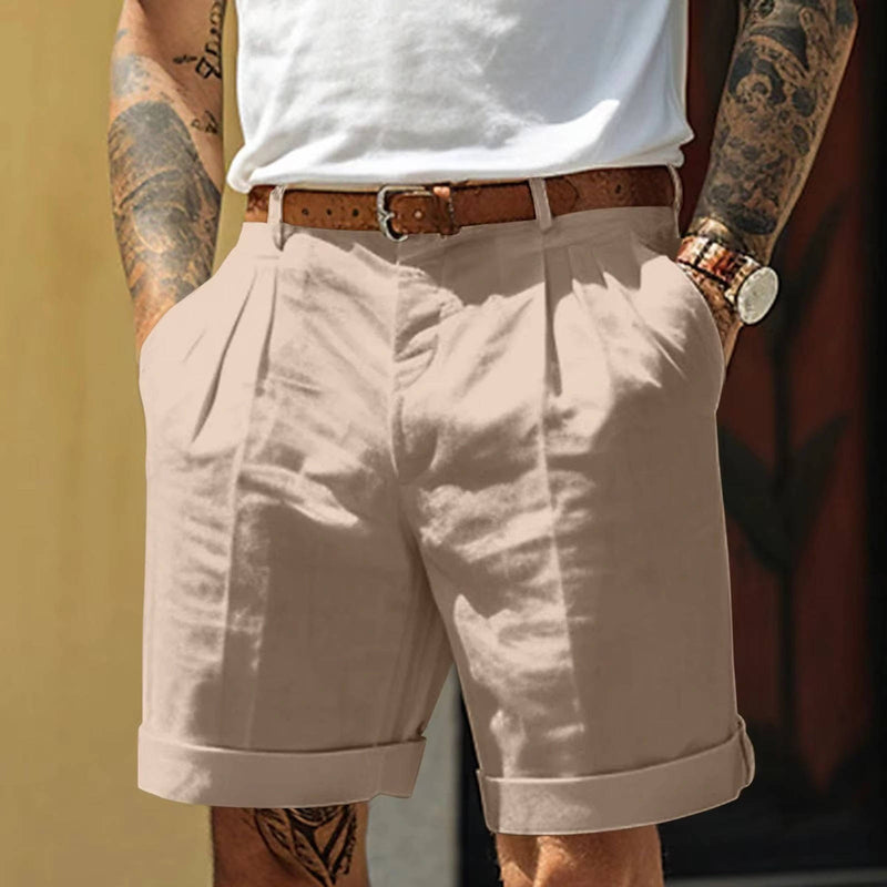 Mens Classic White Pleated Shorts With Cuffed Hem