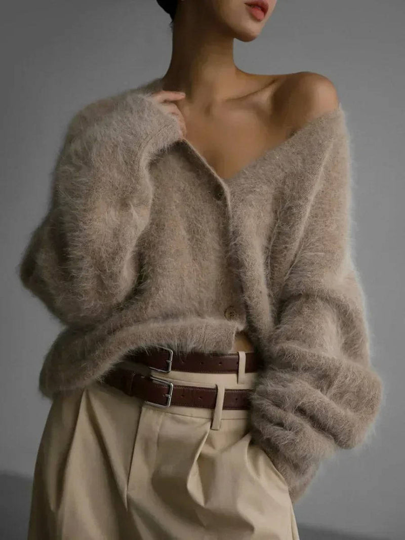 Women's Fuzzy Cropped Cardigan Sweaters With Buttons