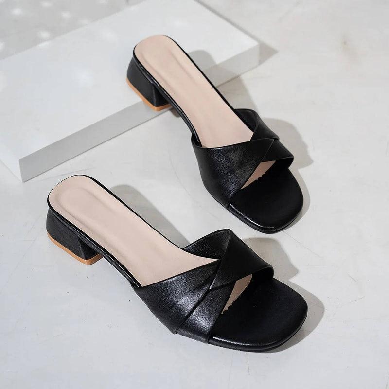 Women's Twisted Leather Strap Slides With Low Block Heel