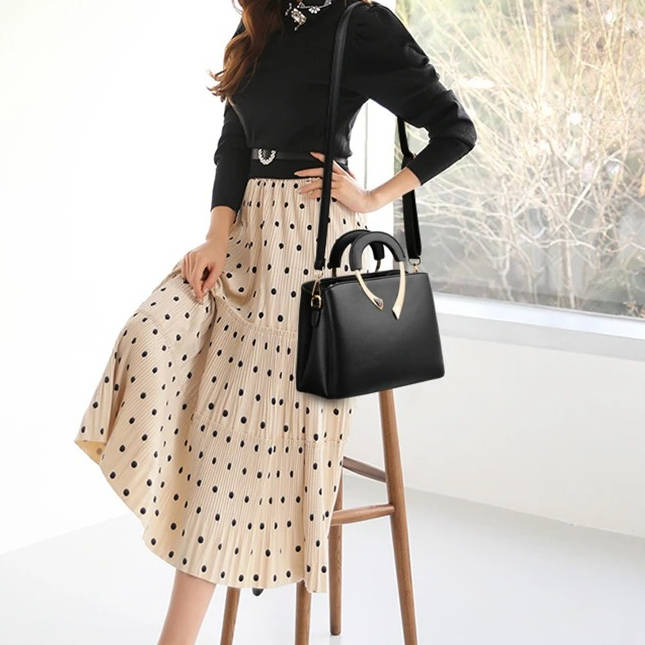 Pebbled Leather Handbag with Gold Metal Handle