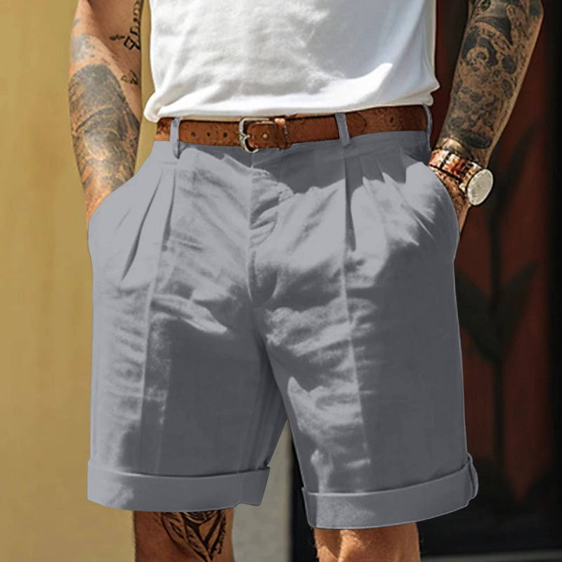 Mens Classic White Pleated Shorts With Cuffed Hem