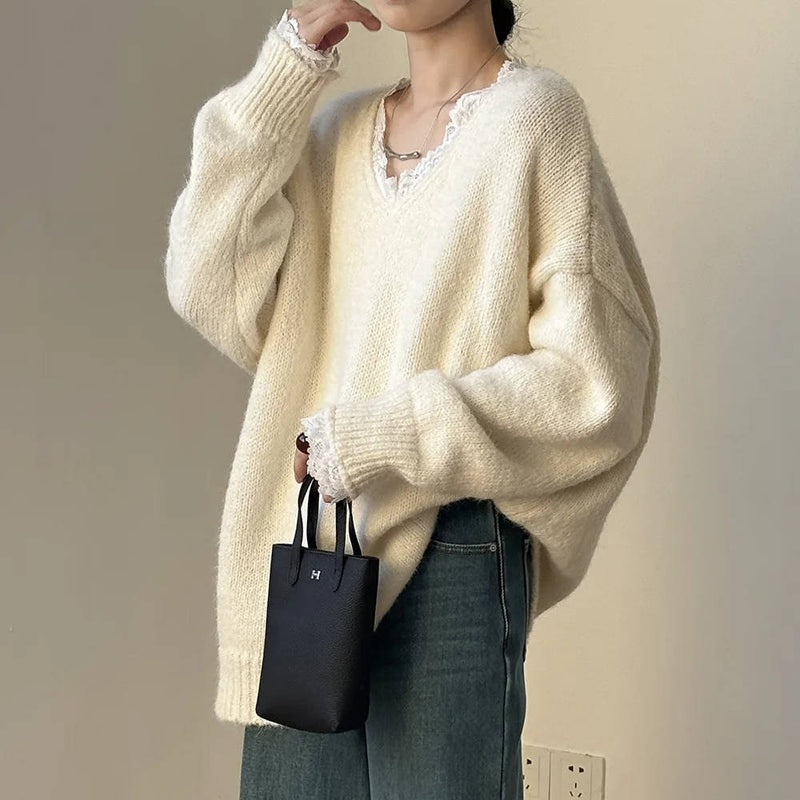 Women's V Neck Sweater Lace Neckline&nbsp; Feminine Style
