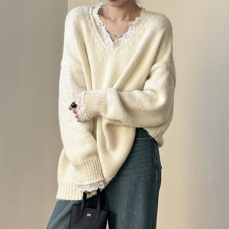 Women's V Neck Sweater Lace Neckline&nbsp; Feminine Style