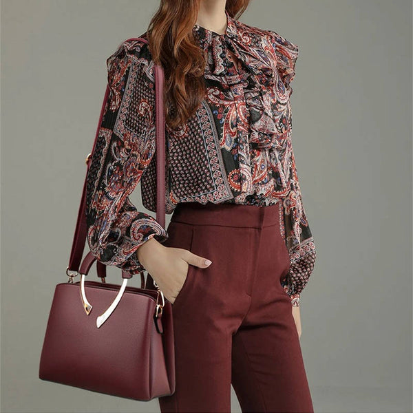 Pebbled Leather Handbag with Gold Metal Handle