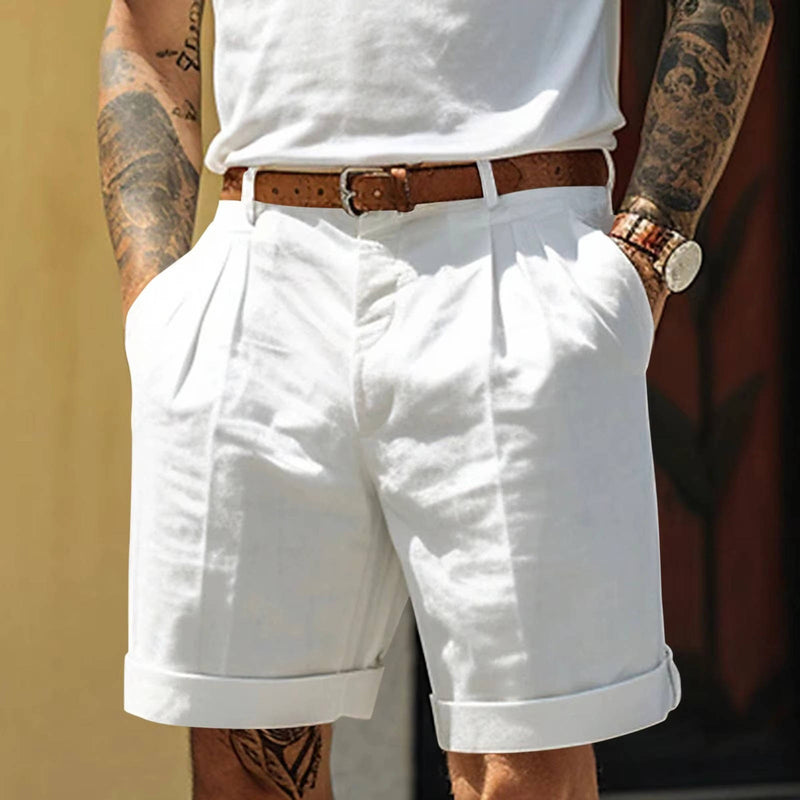 Mens Classic White Pleated Shorts With Cuffed Hem