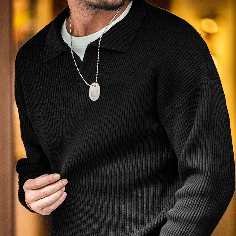 Men's Long Sleeve Black Polo Sweater