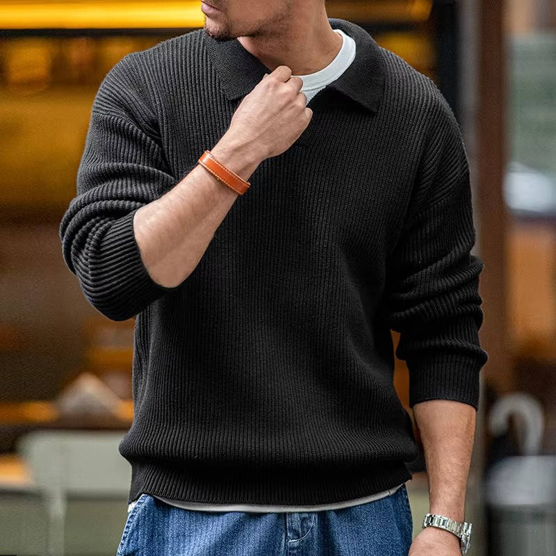Men's Long Sleeve Black Polo Sweater