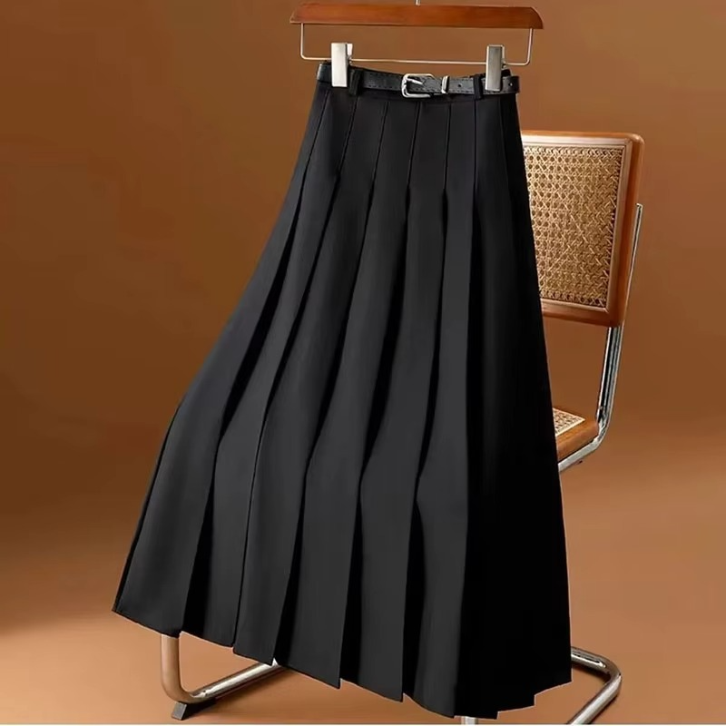 Women's Pleated Midi Skirt High Waist A Line with Belt