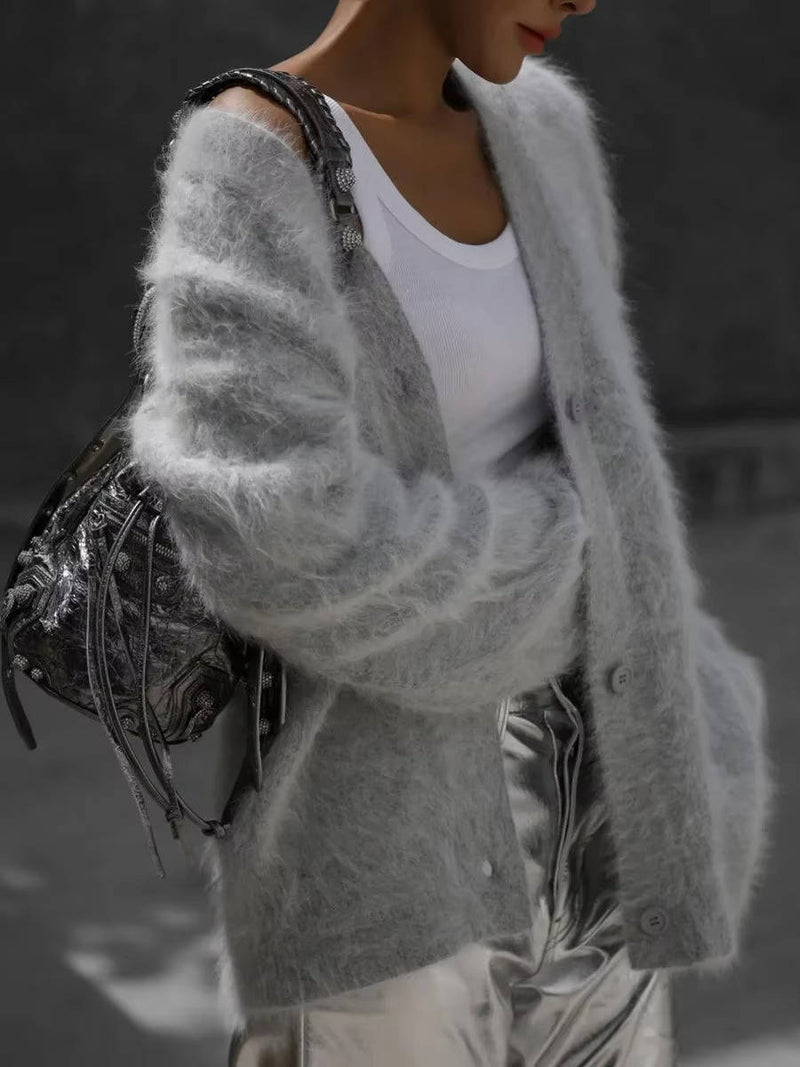 Women's Fuzzy Cropped Cardigan Sweaters With Buttons