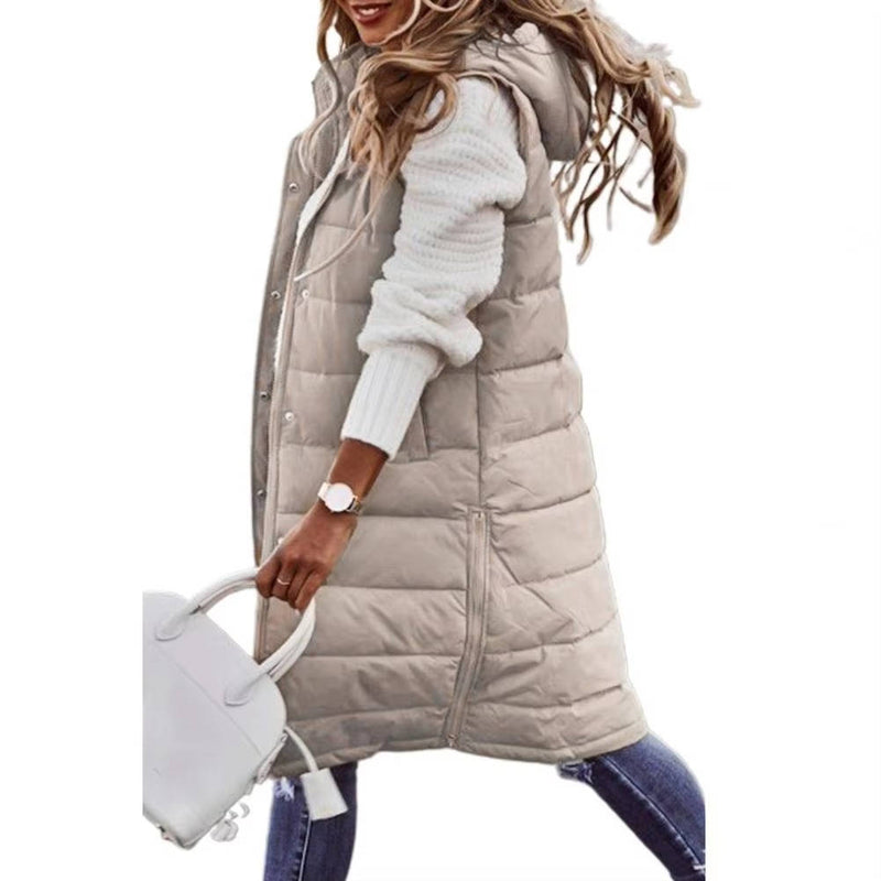 Long Hooded Sleeveless Puffer Vest