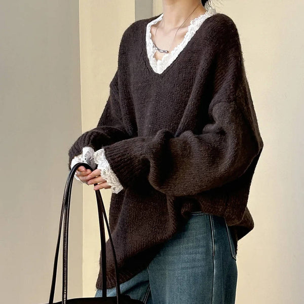 Women's V Neck Sweater Lace Neckline&nbsp; Feminine Style