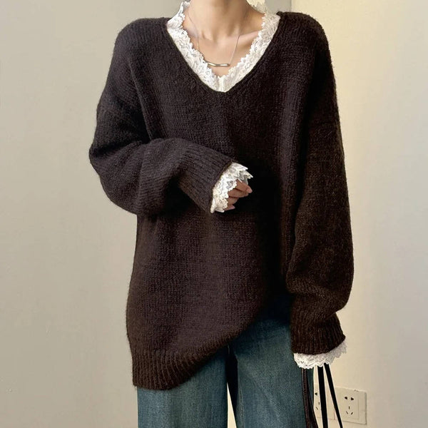 Women's V Neck Sweater Lace Neckline&nbsp; Feminine Style