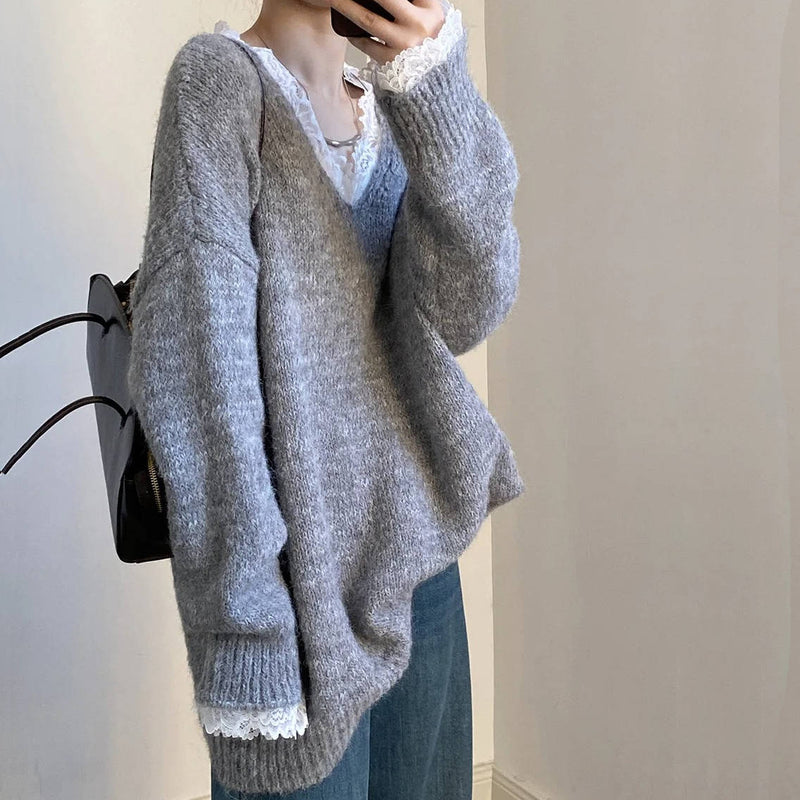 Women's V Neck Sweater Lace Neckline&nbsp; Feminine Style