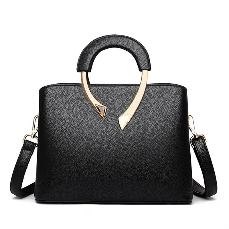Pebbled Leather Handbag with Gold Metal Handle