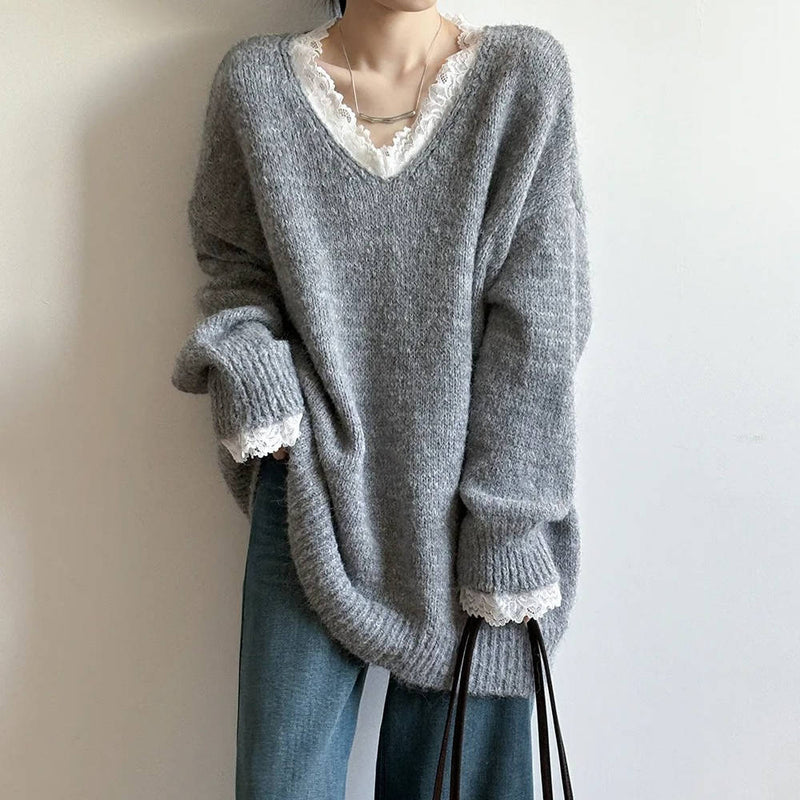 Women's V Neck Sweater Lace Neckline&nbsp; Feminine Style