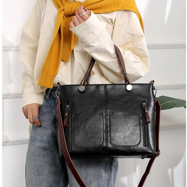 Vintage Style Leather Handbag With Shoulder Strap