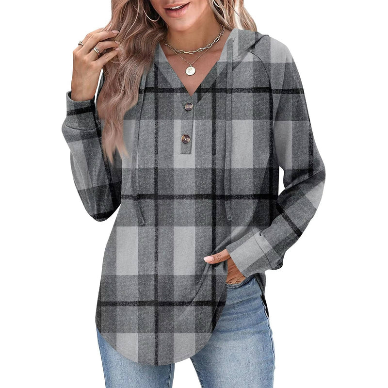Womens Tops V Neck Button Sweatshirt with Hood