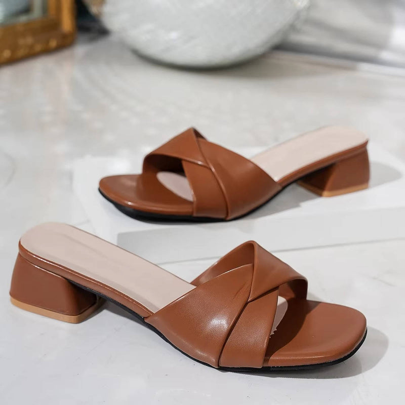 Women's Twisted Leather Strap Slides With Low Block Heel