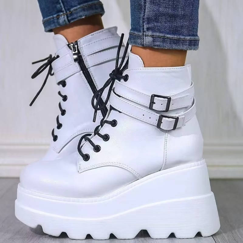 Goth Platform Boots with Chunky Sole Black Lace Up High Heel Combat Boots for Women