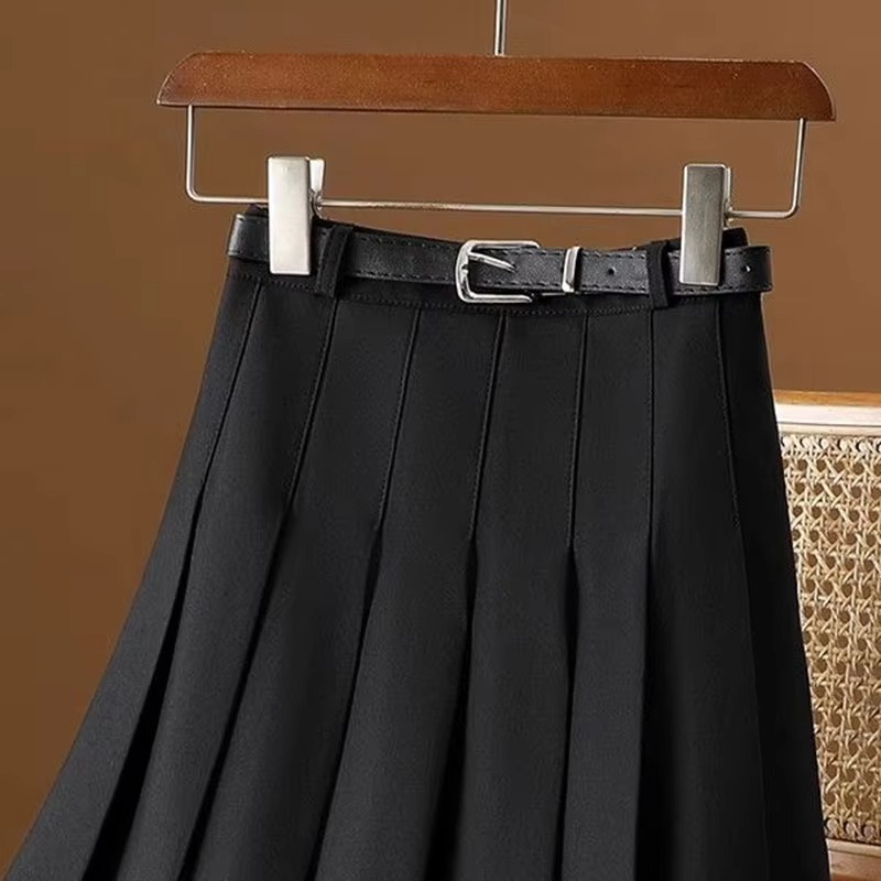 Women's Pleated Midi Skirt High Waist A Line with Belt