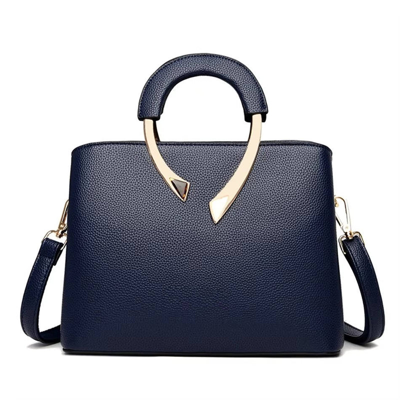 Pebbled Leather Handbag with Gold Metal Handle