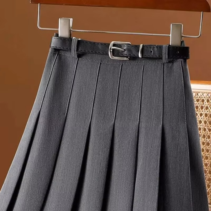 Women's Pleated Midi Skirt High Waist A Line with Belt