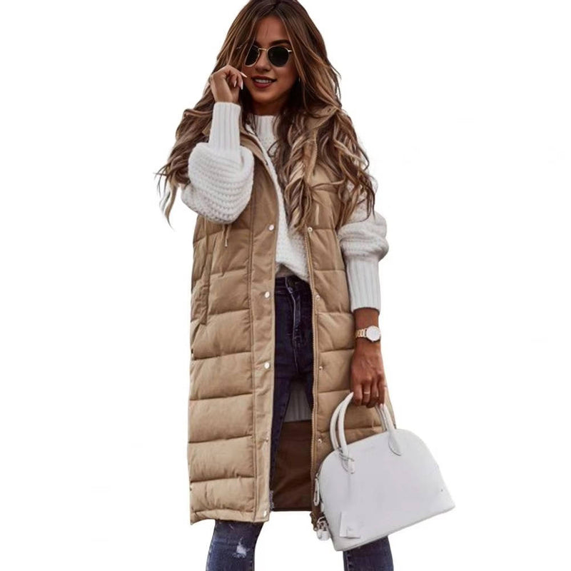 Long Hooded Sleeveless Puffer Vest
