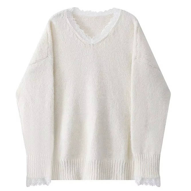 Women's V Neck Sweater Lace Neckline&nbsp; Feminine Style