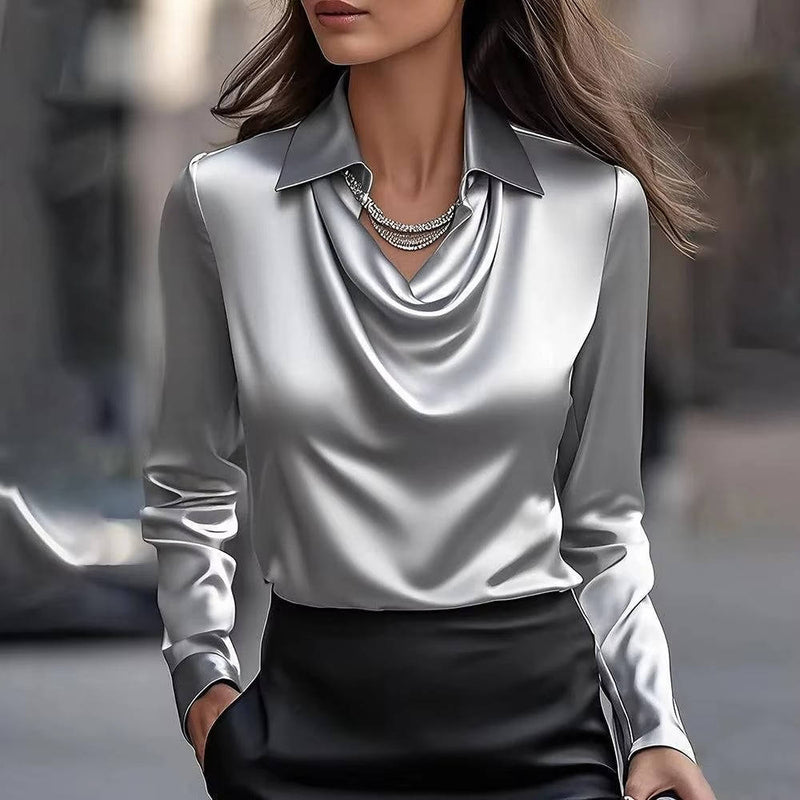 Satin Cowl Neck Top Long Sleeve