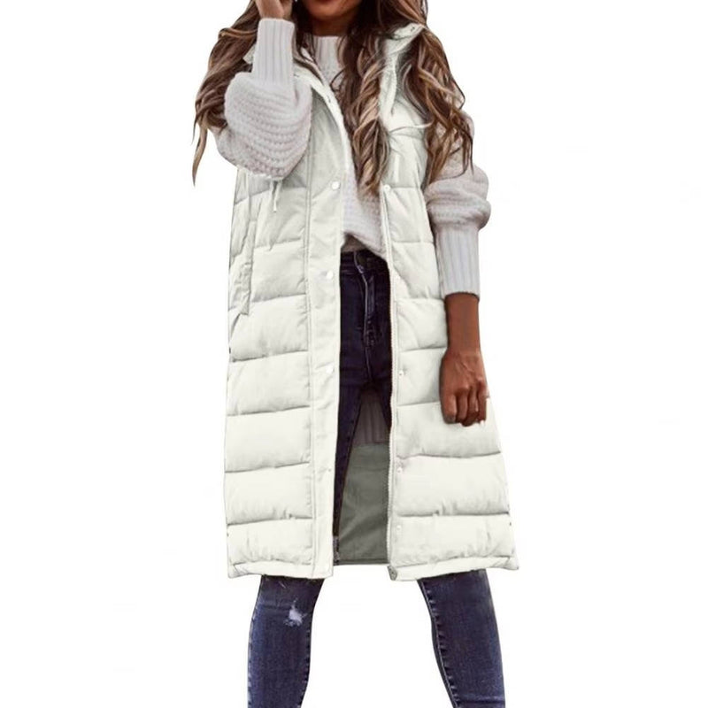 Long Hooded Sleeveless Puffer Vest