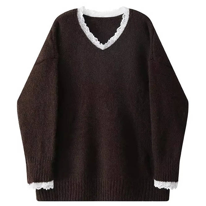 Women's V Neck Sweater Lace Neckline&nbsp; Feminine Style