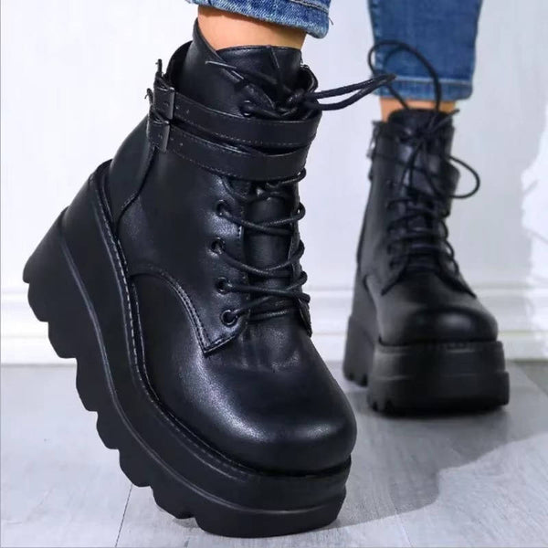 Goth Platform Boots with Chunky Sole Black Lace Up High Heel Combat Boots for Women