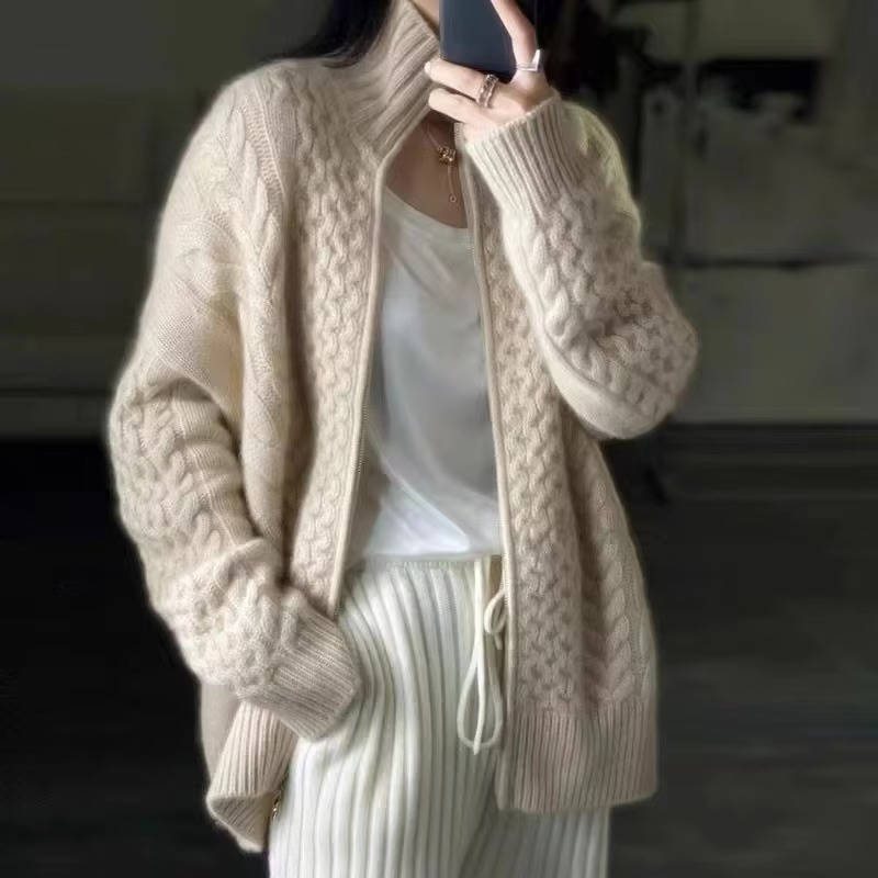 Womens Cable Knit Cardigan Zip Up