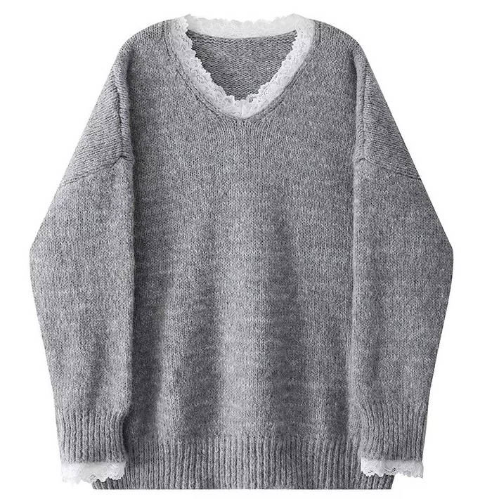 Women's V Neck Sweater Lace Neckline&nbsp; Feminine Style