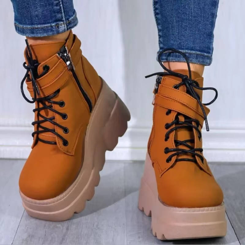 Goth Platform Boots with Chunky Sole Black Lace Up High Heel Combat Boots for Women