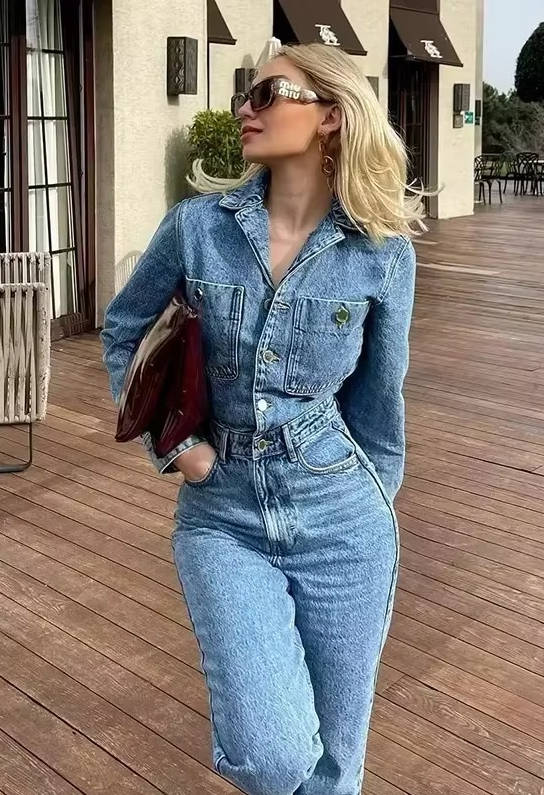 Casual Long Sleeve Denim Jumpsuit For Women