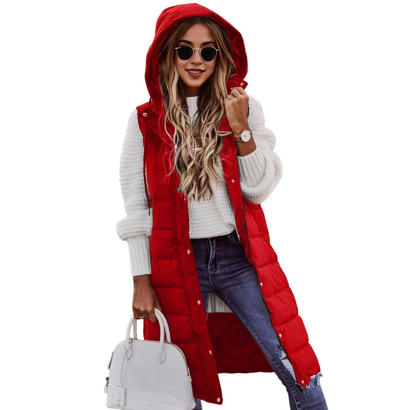 Long Hooded Sleeveless Puffer Vest