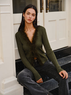 Feather Trim Wool-Blend Slim  Sweater