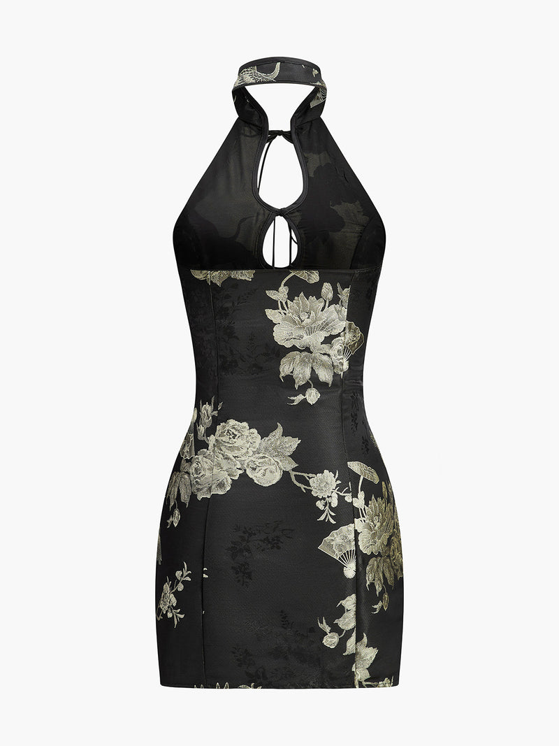 Floral Print Keyhole Detail Halter Dress
