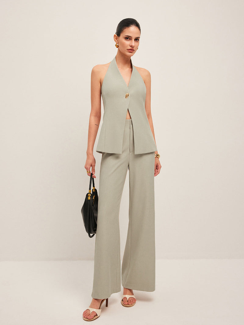Halter Neck Metal Button Detail Backless Vest