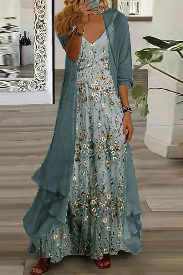 Floral Long Sleeve V-Neck Maxi Dress