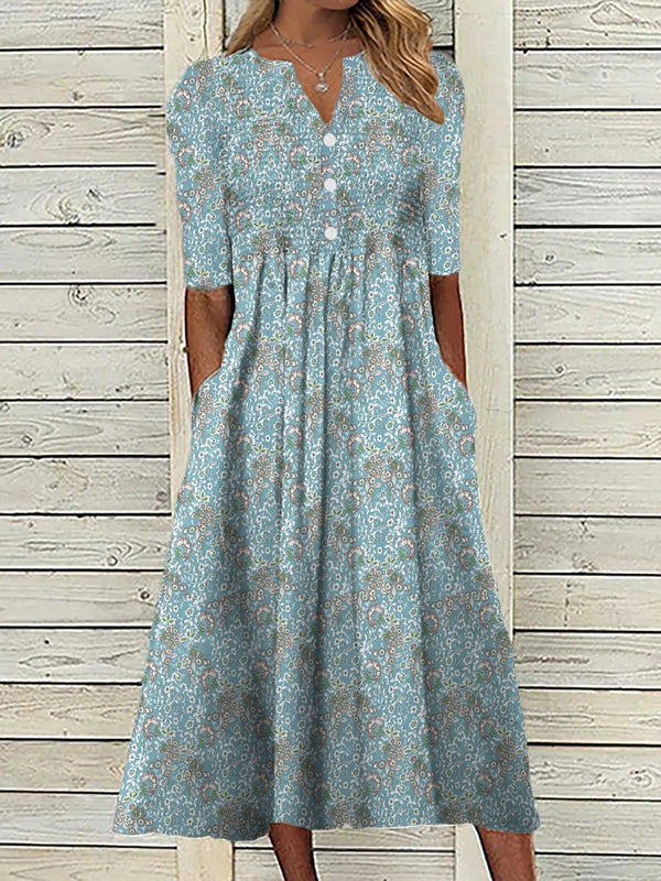 V-neck Casual Loose Floral Vacation Half Sleeve Midi Dress