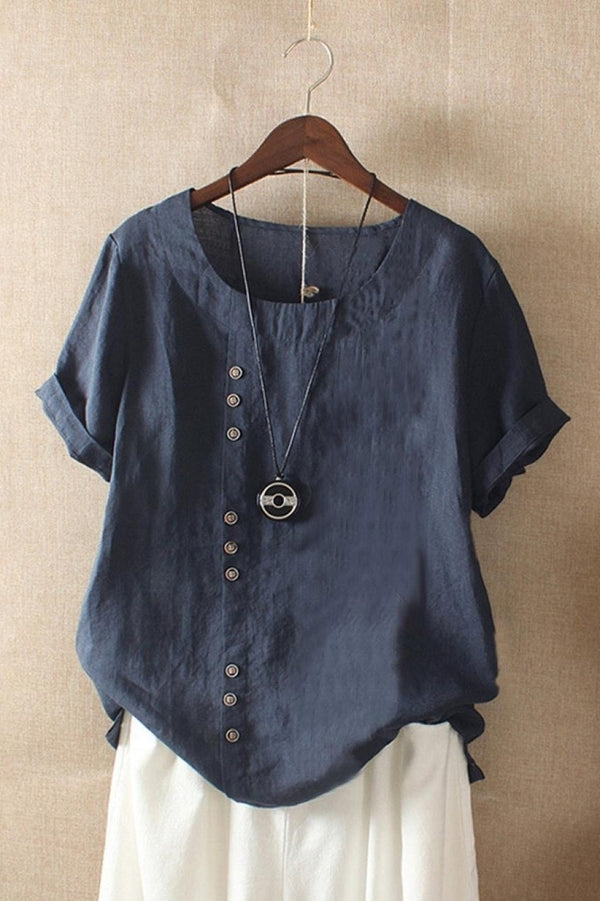Women's Round Neck Solid Color Buttons Short Sleeves Blouse