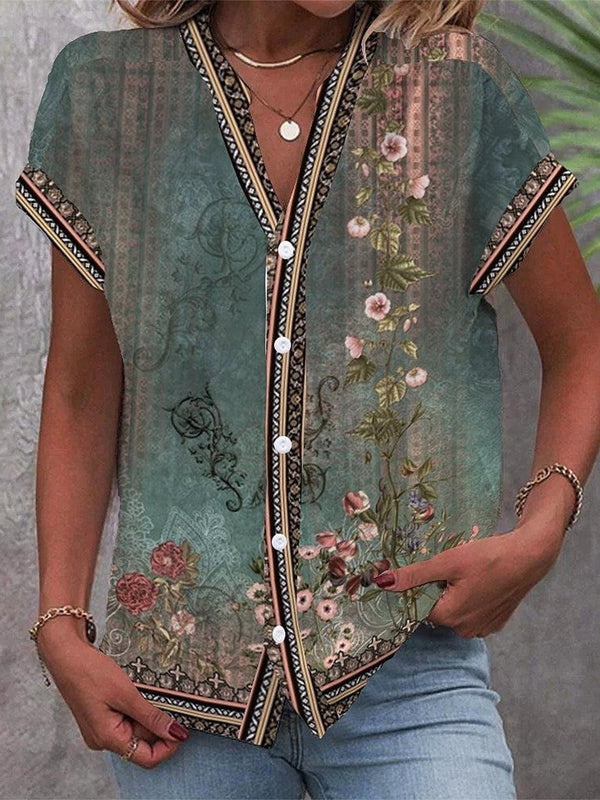 Vintage Green Watercolor Floral Print Blouse
