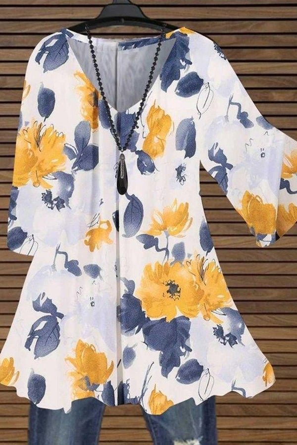 Floral Print V-neck Half Sleeves Tunic Blouse