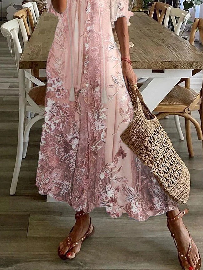 Lace Floral Print V-Neck Casual Loose Half Sleeves Maxi Dress