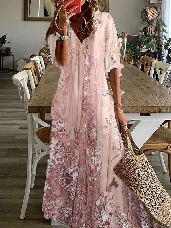 Lace Floral Print V-Neck Casual Loose Half Sleeves Maxi Dress