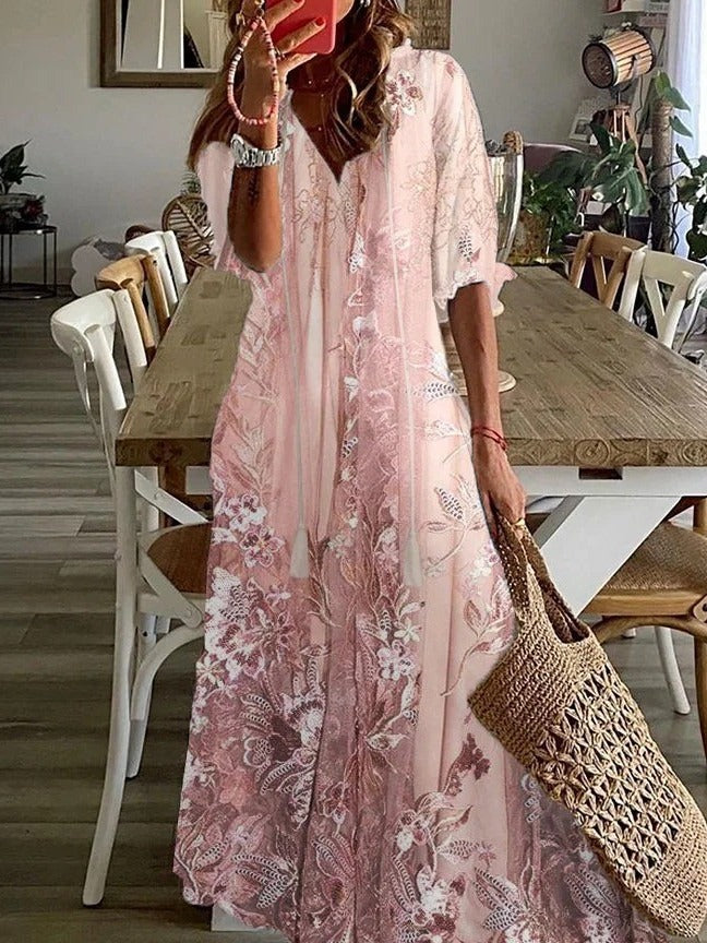 Lace Floral Print V-Neck Casual Loose Half Sleeves Maxi Dress