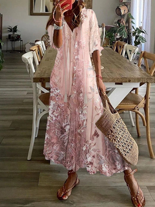 Lace Floral Print V-Neck Casual Loose Half Sleeves Maxi Dress